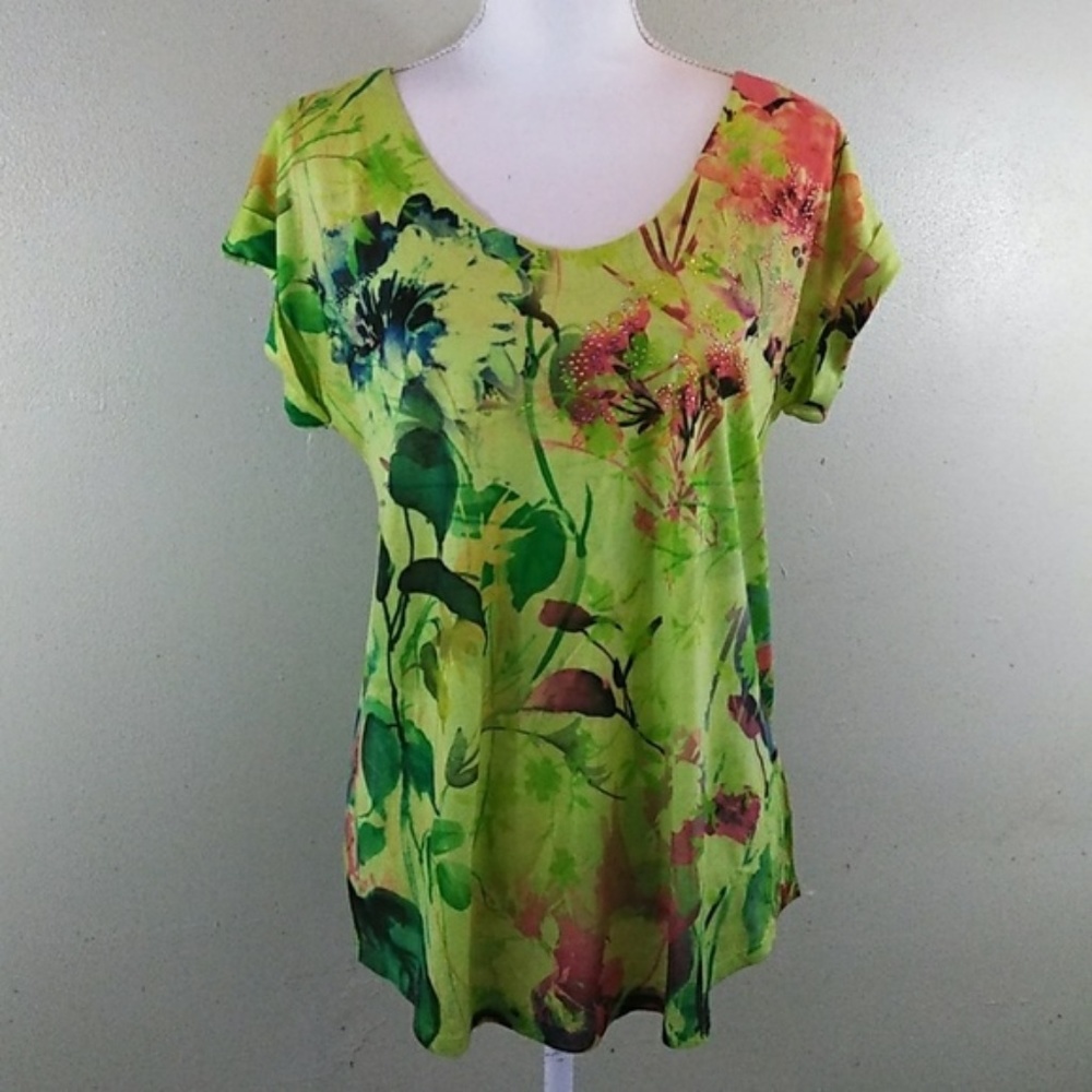 B.L.E.U. Green Floral Print Embellished Top - Jr. L - NWOT